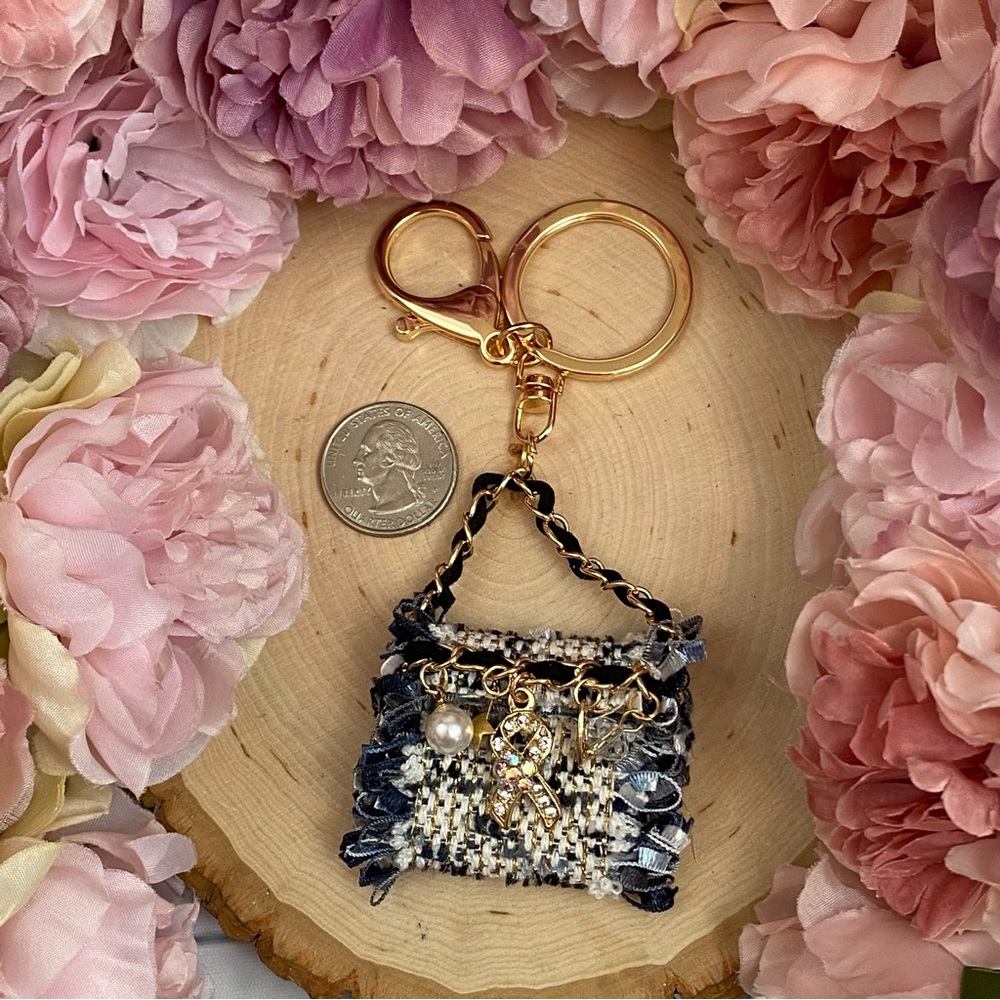 Blue and Black Textured Fabric Handbag Keychain Charm - Picture 14 of 16